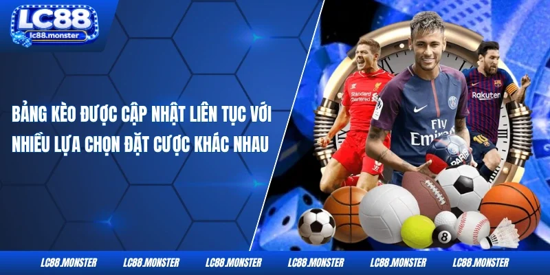 Bảng kèo được cập nhật liên tục với nhiều lựa chọn đặt cược khác nhau